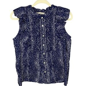 LOFT Navy Blue White Star Print Ruffle Neck Sleeveless Button Down Blouse M